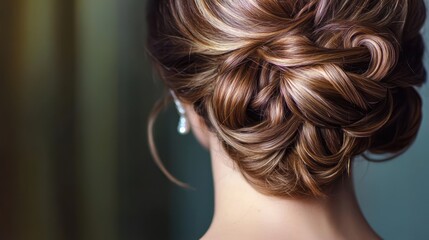 Naklejka premium Elegant updo hairstyle showcasing intricate braiding and soft highlights on a woman's brown hair.