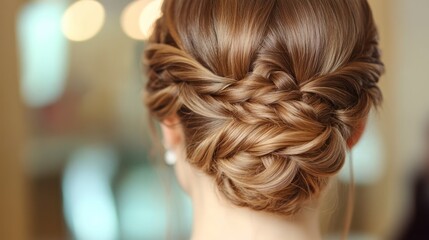 Fototapeta premium Elegant updo hairstyle showcasing intricate braiding and soft highlights.