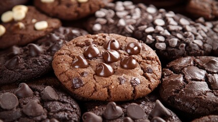 A tempting assortment of chocolate cookies featuring various designs and types, perfect for indulgence.