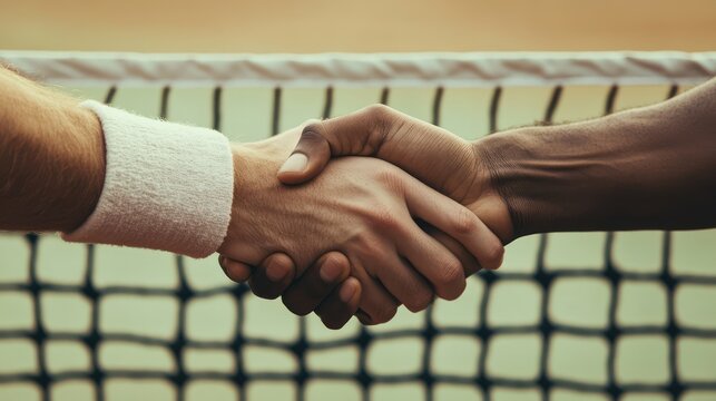 A close-up of a handshake between a Caucasian man and a Black man, symbolizing sportsmanship and respect at the tennis court.