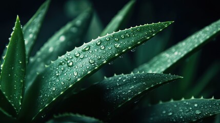 Close-up of vibrant green aloe vera leaves glistening with water droplets, showcasing their natural texture and health benefits.