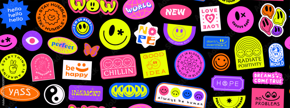 Aufkleber cool y2k seamless pattern vector design. retro groovy stickers collage background. pop art patches b