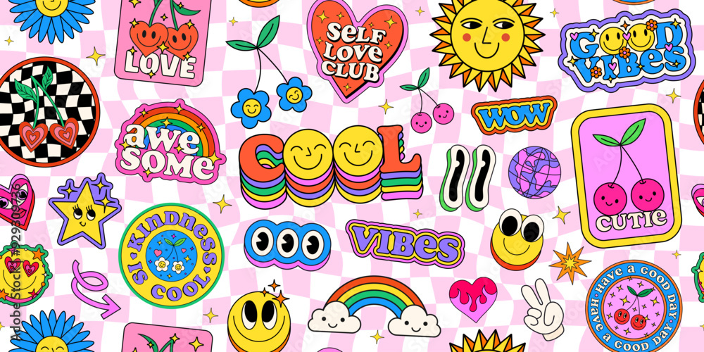 Aufkleber cool y2k seamless pattern stickers collage background. pop art groovy patches. girly texture.