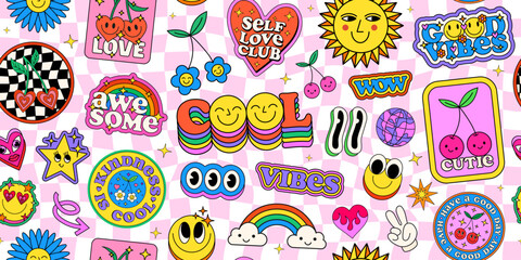 Cool Y2K Seamless Pattern Stickers Collage Background. Pop Art Groovy Patches. Girly Texture.