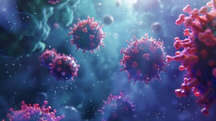 Fototapeta premium Medical picture of blue covid-19 cell on raining season background, corona virus 3d rendering human illness disease illustration. 