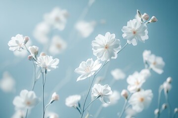Obraz premium The delicate beauty of spring flowers is captured against a soft pastel blue backdrop, evoking a romantic and naturally aesthetic concept with generative ai