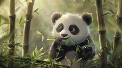 fantasy world, panda eating bamboo leaves, close up