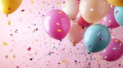 Colorful balloons against a soft pink background, celebrating a festive occasion with vibrant confetti in the air.