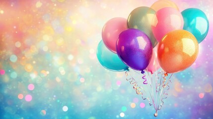 A vibrant cluster of colorful balloons floats against a dreamy, pastel background, perfect for celebrations and special occasions.