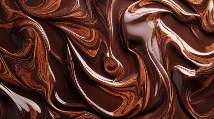 The rich and inviting texture of delightful melted chocolate is artfully portrayed, showcasing smooth, swirling patterns that evoke pure indulgence and the exquisite pleasures of delectable desserts