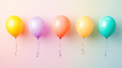 A cheerful arrangement of pastel balloons in yellow, purple, coral, orange, and mint on a soft gradient background.
