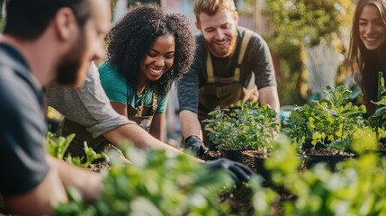 A diverse group of young adults joyfully gardening together, cultivating plants in a vibrant greenhouse setting.