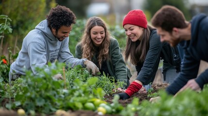 A diverse group of four young adults happily gardening together, enjoying the outdoors in a lush green setting.