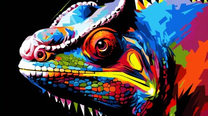 Vivid Chameleon Pop Art Portrait An Explosion of Colors on Black, Abstract Reptile Art