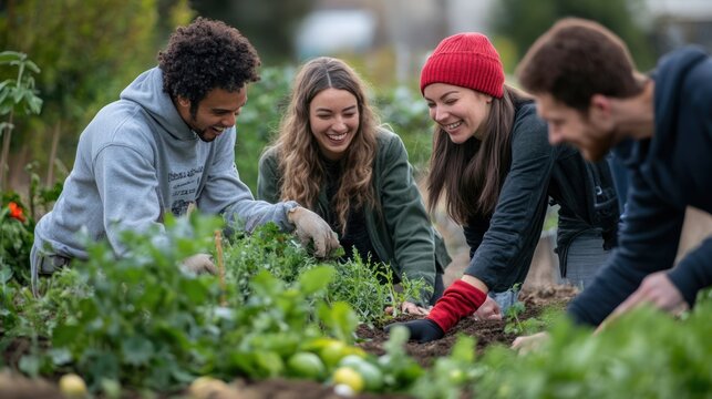 A diverse group of four young adults happily gardening together, enjoying the outdoors in a lush green setting.