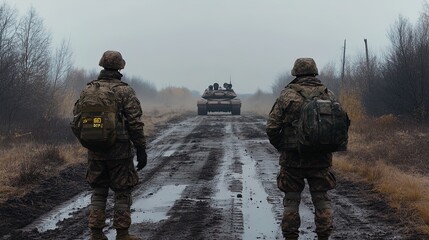 Naklejka premium Intense Anticipation: Two Camouflaged Soldiers Observe a Distant Tank – A Striking Poster for Sports Interiors Capturing Military Valor and Heroism