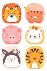 Fototapeta premium Adorable cartoon animal faces featuring a tiger, pig, and panda in a vibrant, playful style, perfect for children's decor.