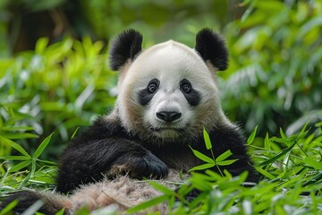 Obraz premium Giant panda bear resting in lush green bamboo forest
