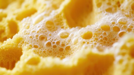 Close-up of a vibrant yellow sponge with bubbles, creating a textured, sudsy surface that evokes a sense of freshness and cleanliness.