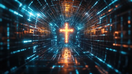 A vivid digital tunnel with glowing blue and orange lights converging towards a luminous cross at the end, symbolizing hope and faith.