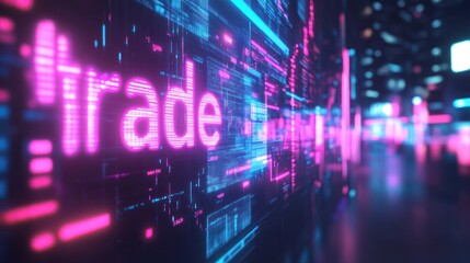 Vibrant digital representation of 'trade' in neon pink and blue, illustrating the dynamic nature of modern commerce and technology.