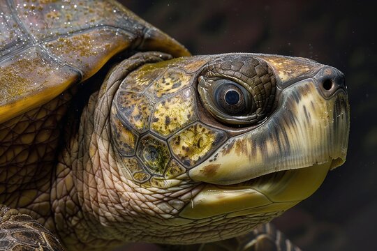 Close-up portrait of a sea turtle's head with intricate shell patterns