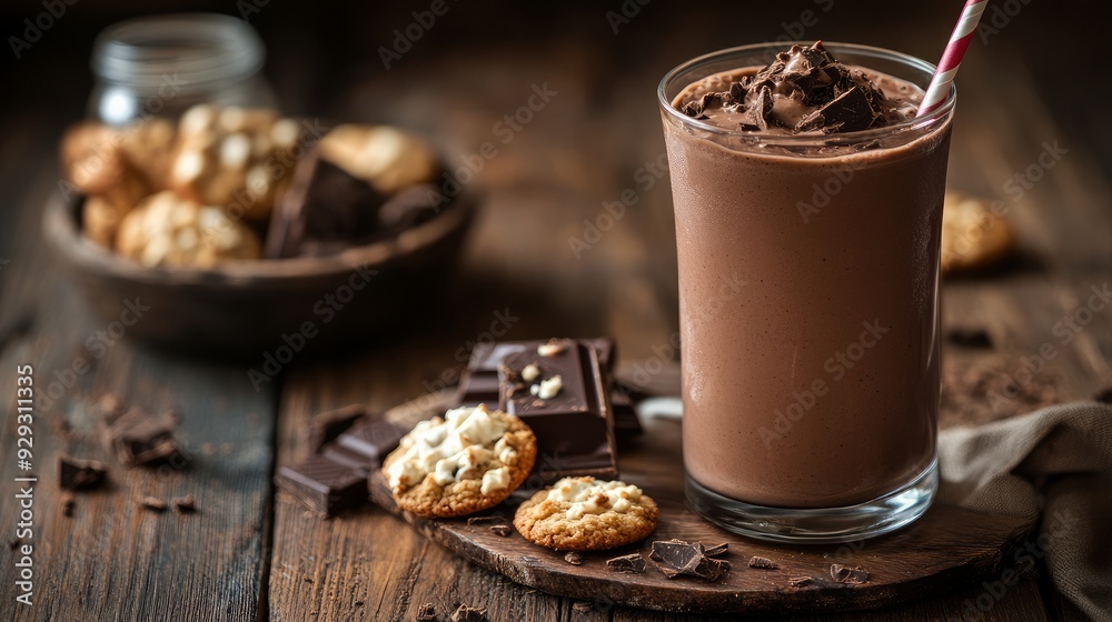 Wall mural Close-up of a homemade chocolate smoothie (milkshake) and cookies on a rustic wooden table