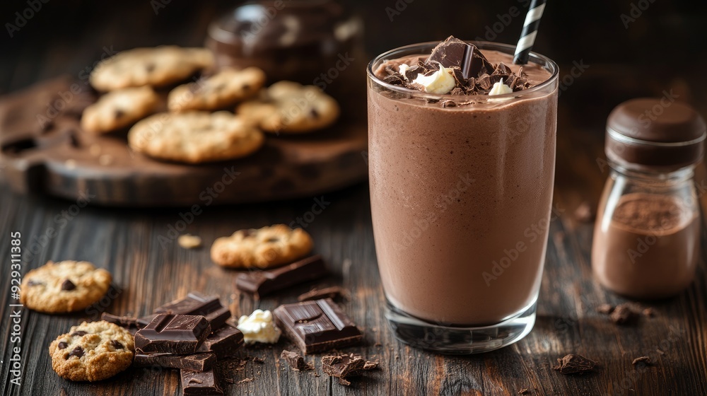 Wall mural close-up of a homemade chocolate smoothie (milkshake) and cookies on a rustic wooden table