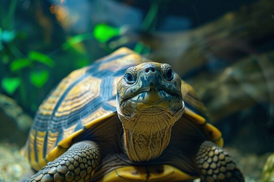 Close-up portrait of curious tortoise with vibrant shell pattern in lush terrarium
