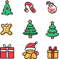 Christmas icons set in primary colors, Christmas icon set vector with a cotton cartoon style.