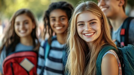 Fototapeta premium A cheerful Caucasian teenage girl smiles brightly, surrounded by her diverse friends outdoors, showcasing a spirit of friendship and joy.