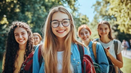 Obraz premium Group of four cheerful young women enjoying a sunny day outdoors, smiling and posing with backpacks.