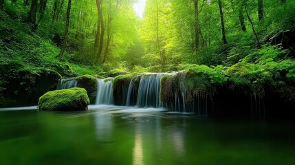 Obraz premium A serene forest scene featuring a tranquil waterfall and lush greenery.