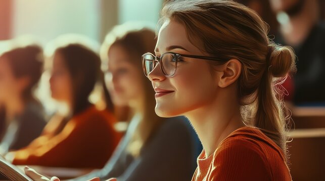 A young, Caucasian woman with glasses smiles thoughtfully while attending a lecture in a university classroom.
