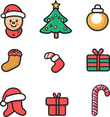 Christmas icons set in primary colors, Christmas icon set vector with a cotton cartoon style.