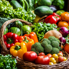 Assorted Fresh Vegetables and Fruits Close-up Display.