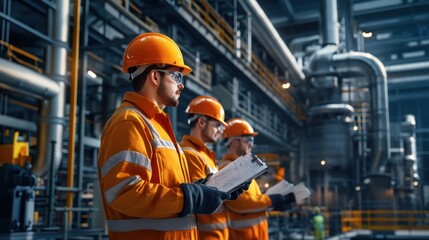 Three male workers in safety gear review documents in a modern industrial setting.