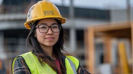 A confident young Asian woman wearing a hard hat and safety vest at a construction site.