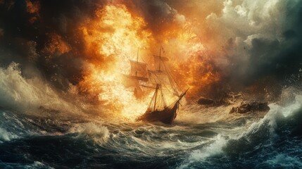 A ship struggling against a massive storm, engulfed in fiery explosions amidst towering waves.