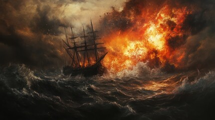 Obraz premium A dramatic scene of a historic ship engulfed in flames amidst turbulent seas, showcasing the chaos of battle and nature.