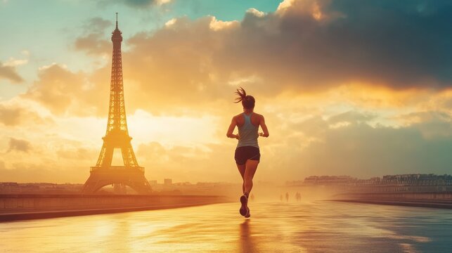 A young Asian woman jogging at sunrise near the Eiffel Tower in Paris, with a vibrant sky creating an inspiring atmosphere.