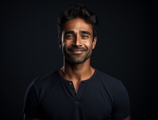 Obraz premium Headshot of a Smiling Man with Confident Expression in Dark Studio Setting 