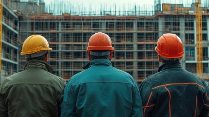 Three male construction workers in hard hats observing a building site under construction.