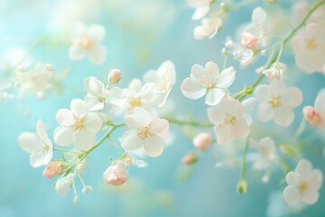 Fototapeta premium The delicate beauty of spring flowers is captured against a soft pastel blue backdrop, evoking a romantic and naturally aesthetic concept with generative ai
