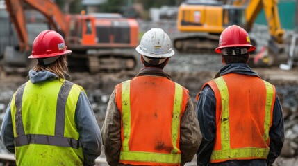 Obraz premium Three construction workers with helmets observing a busy construction site, showcasing teamwork and diligence in the industry.
