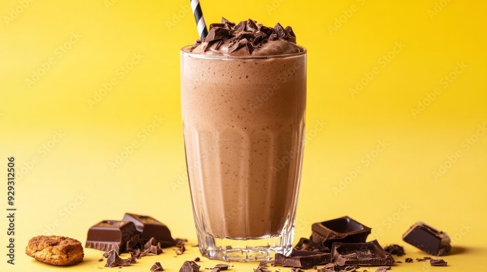 Wall mural milkshake on a yellow backdrop with chocolate biscuit and cocoa in the glass.up close