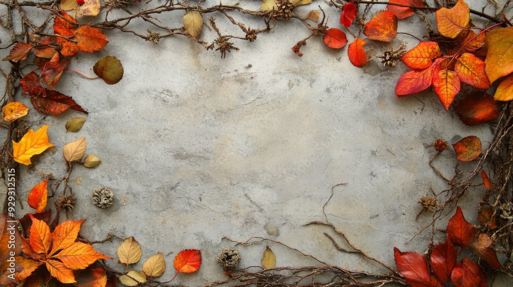 Poster colorful autumn leaves and twigs create a decorative border around a blank, textured surface, illumi