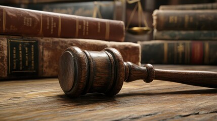 A close-up of a wooden gavel resting on a weathered wooden surface, surrounded by old law books, evoking a sense of justice and authority.