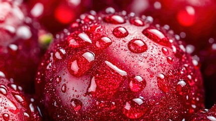   Red apple clusters with water droplets above and below