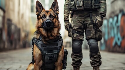 Fototapeta premium A powerful German Shepherd, equipped with tactical gear, sits proudly beside a camouflaged soldier in an urban environment.
